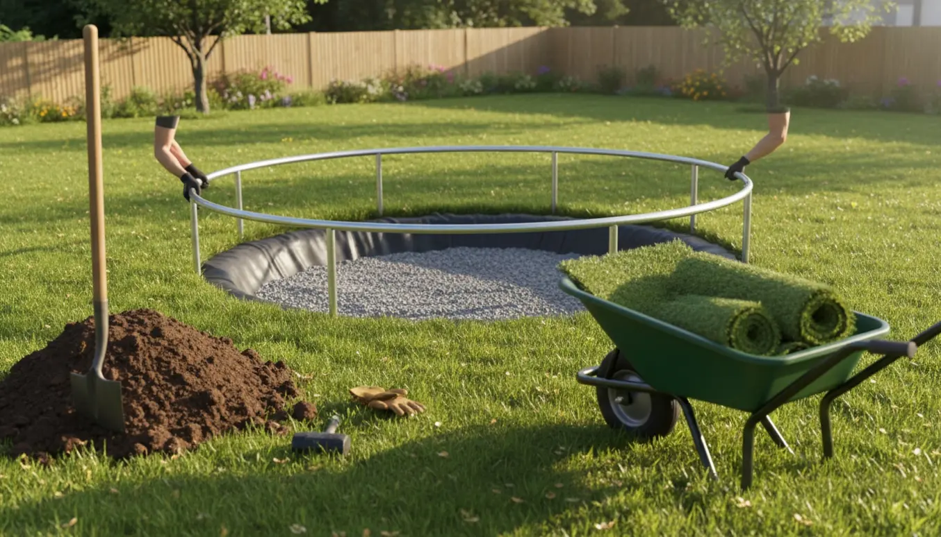 Delvist nedgravet trampolin i en græsplæne med værktøj og opgravet jord under installation.