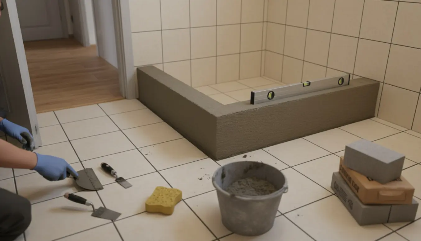 Muret 10 cm høj kant på flisegulv i badeværelse med mørtel og værktøj, glatte mørtelstrøg og åbent dørlys.