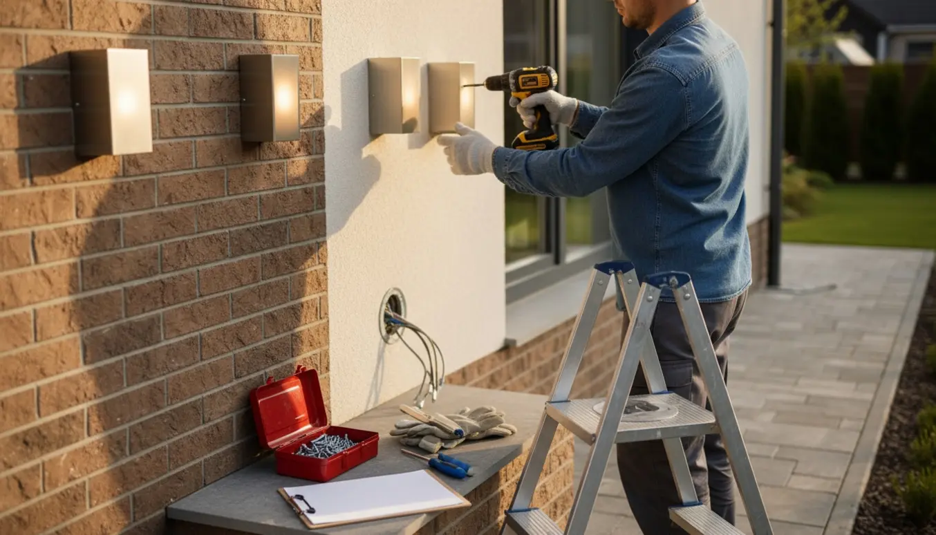 Udendørslamper monteres på husmur med værktøj og en arbejder set bagfra.