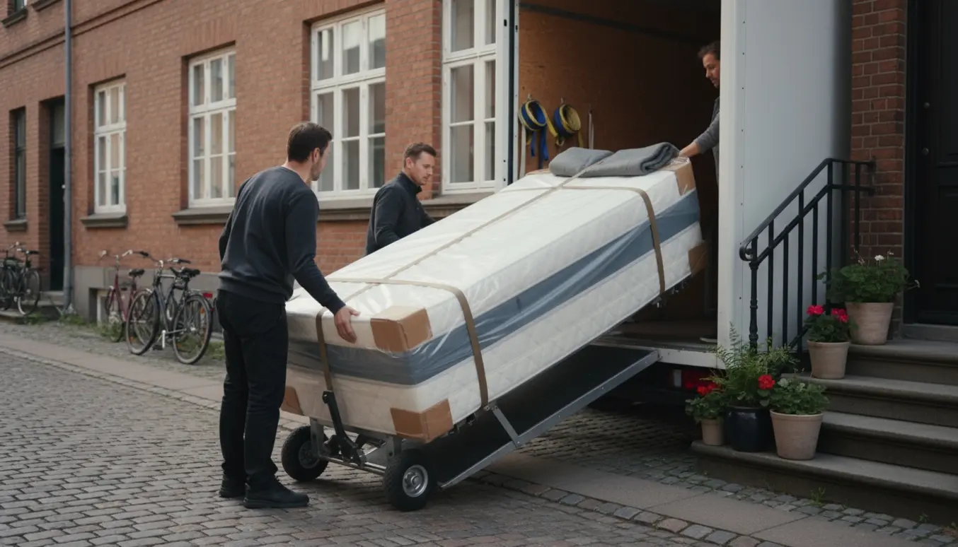 Indpakket latexmadras læsses fra en varevogn på en københavnsk gade, mens to flyttemænd styrer den på en tralle.