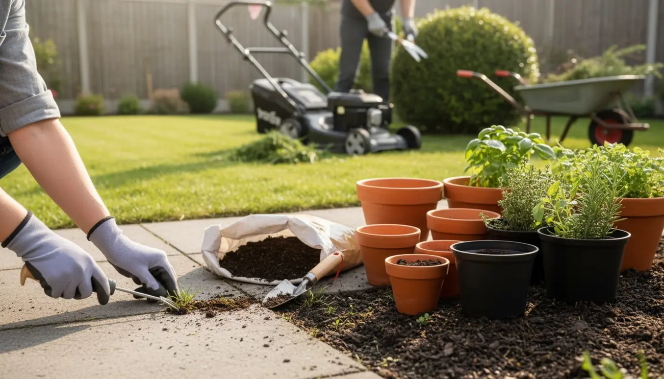 Nærbillede af havearbejde: ukrudtsrens mellem fliser, potter med nye planter, nyslået græs og buskebeskæring.