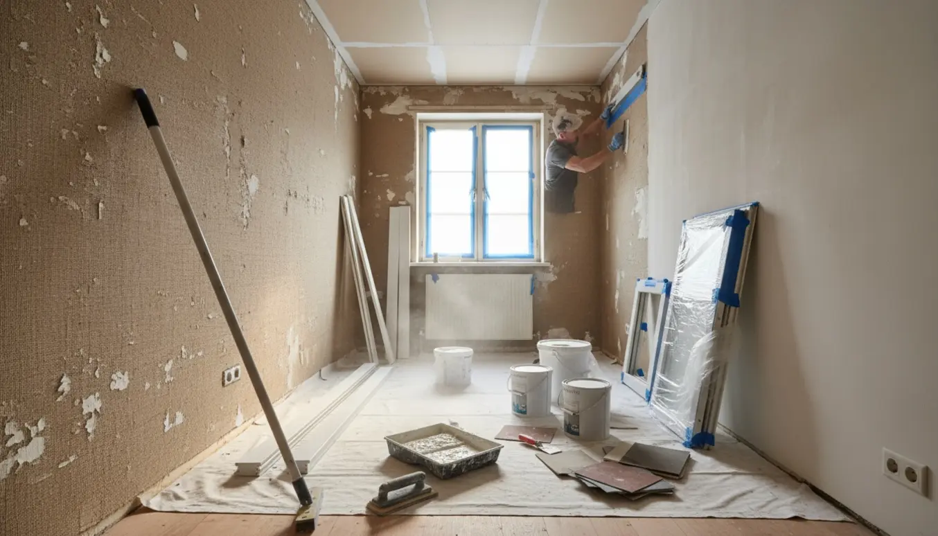 Lyst 15 kvm værelse under renovering med gipsloft, spartelværktøj, slibestøv og malerudstyr klar til filtsning og maling.