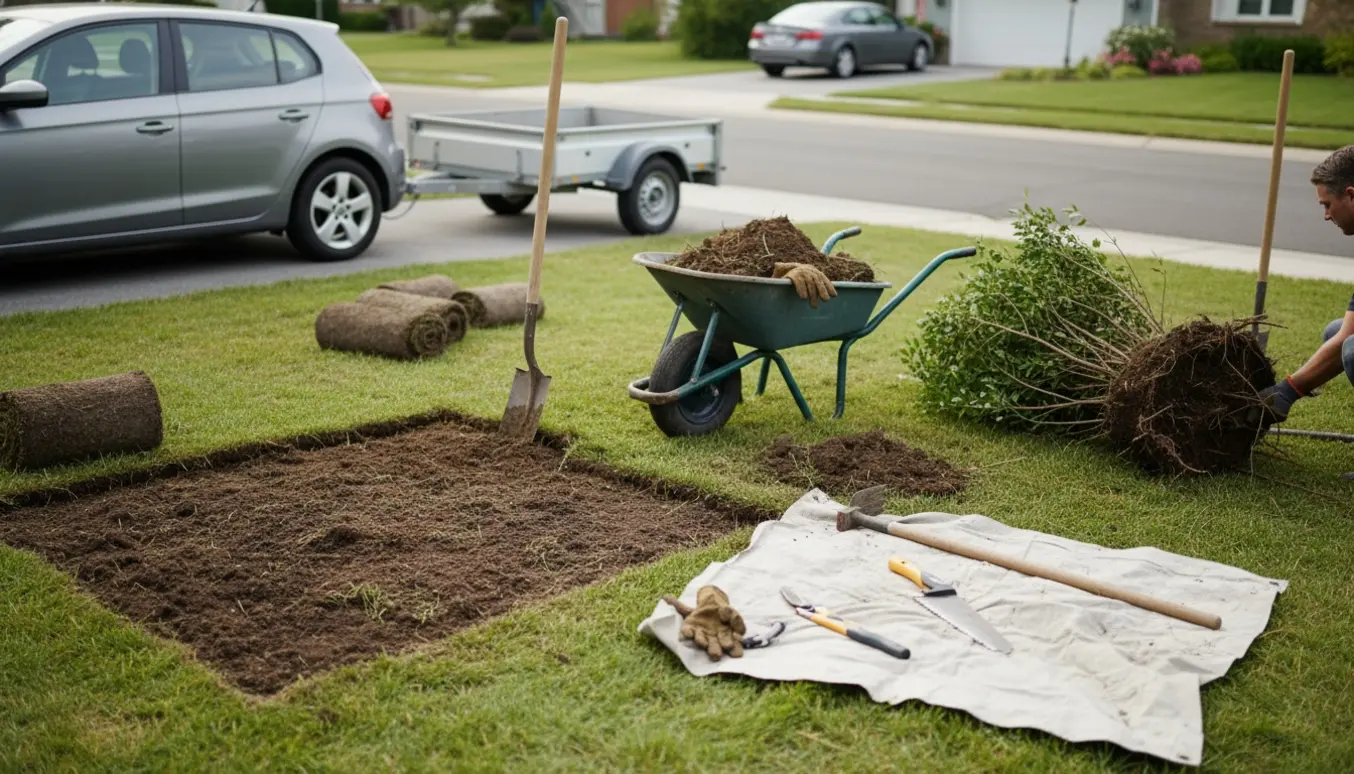 Udgravet græsplæne med 25 cm jordfjernelse, en 120 cm busk og trillebør samt trailer klar til bortkørsel.