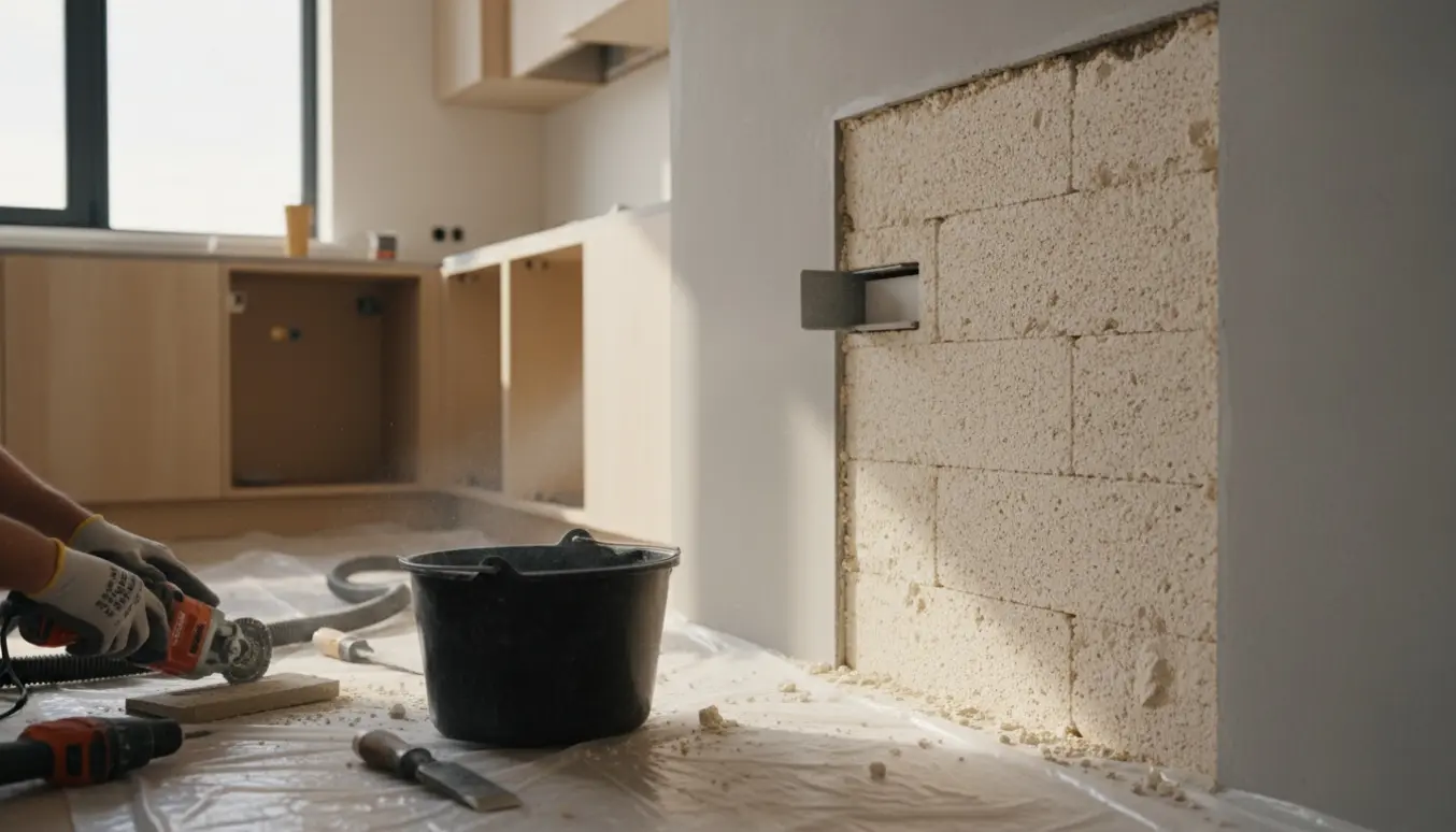 Nærbillede af udskæring i ydermur til integreret emhætte med værktøj og murstykker på beskyttelsesunderlag.