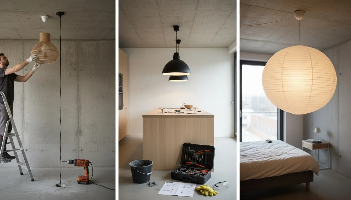 Tre IKEA-lamper hænges op i et hjem med betonloft, værktøj og stige i forgrunden.