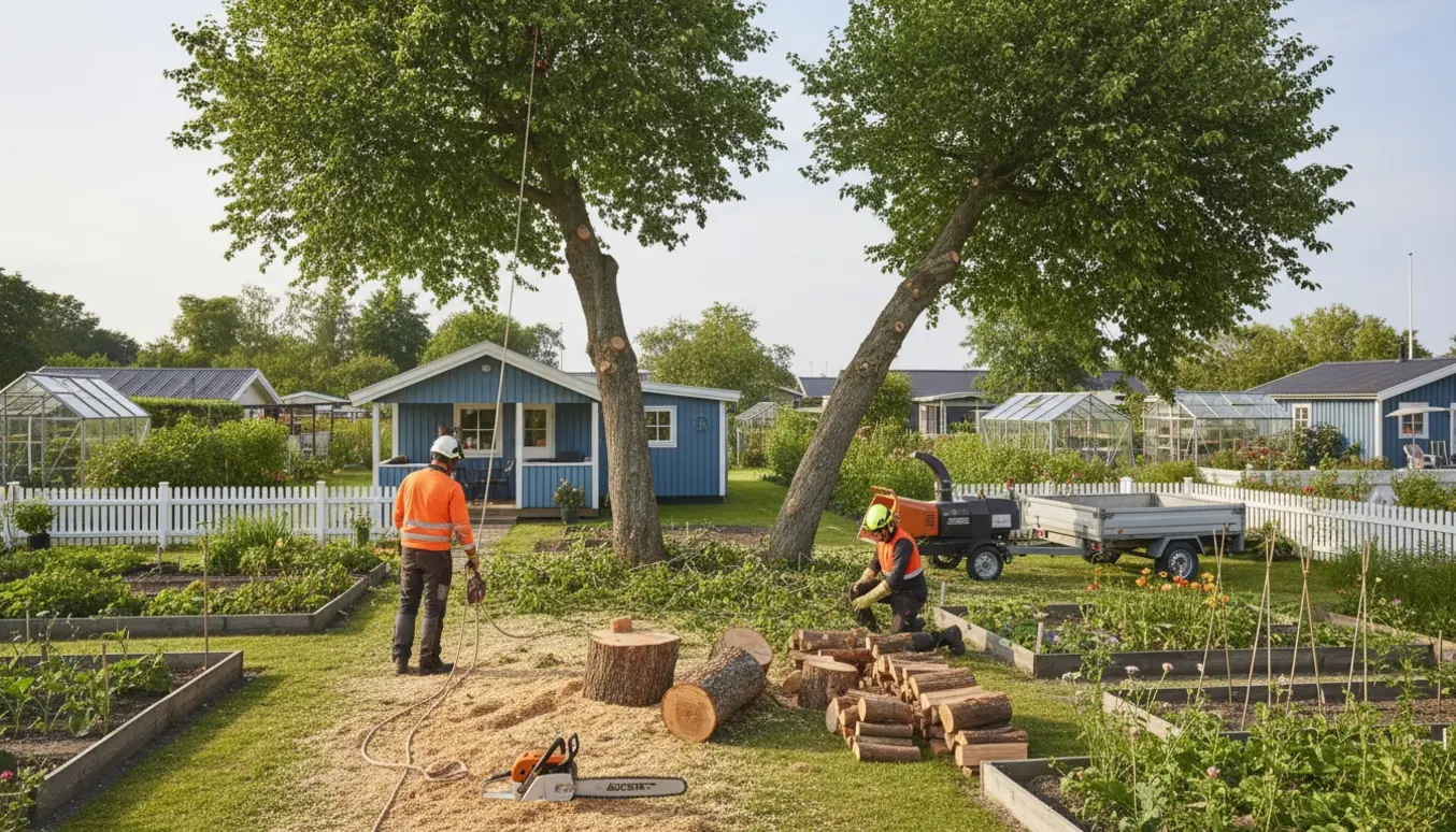To store træer fældes i en havekoloni i Ballerup med motorsav, reb og en stak kløvet træ ved et kolonihavehus.