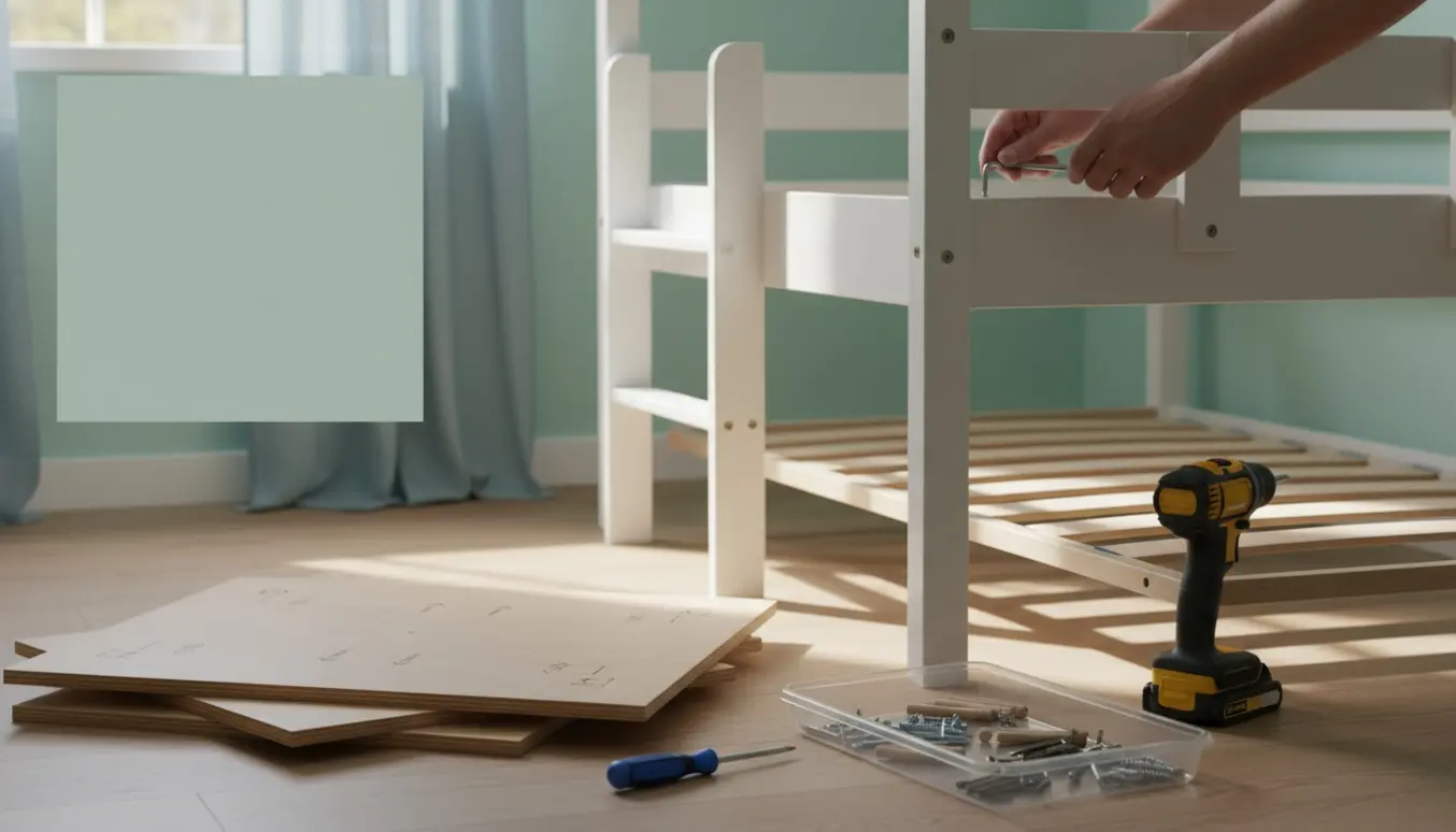 Delvist samlet SMÅSTAD-højseng i et børneværelse med værktøj og dele på gulvet.