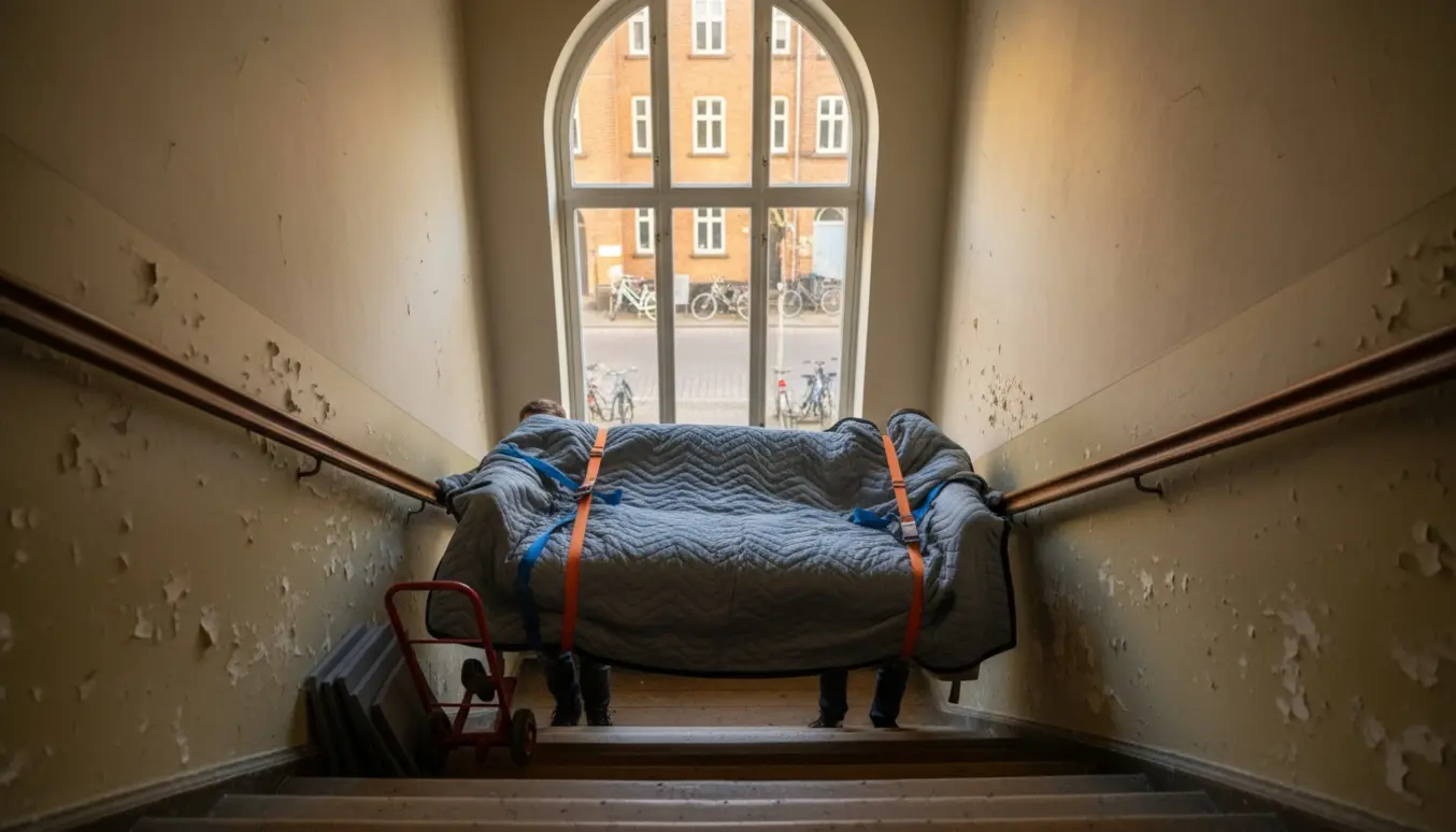 To personer bærer en 2 meter lang sofa op ad en smal trappe i en københavnsk opgang.
