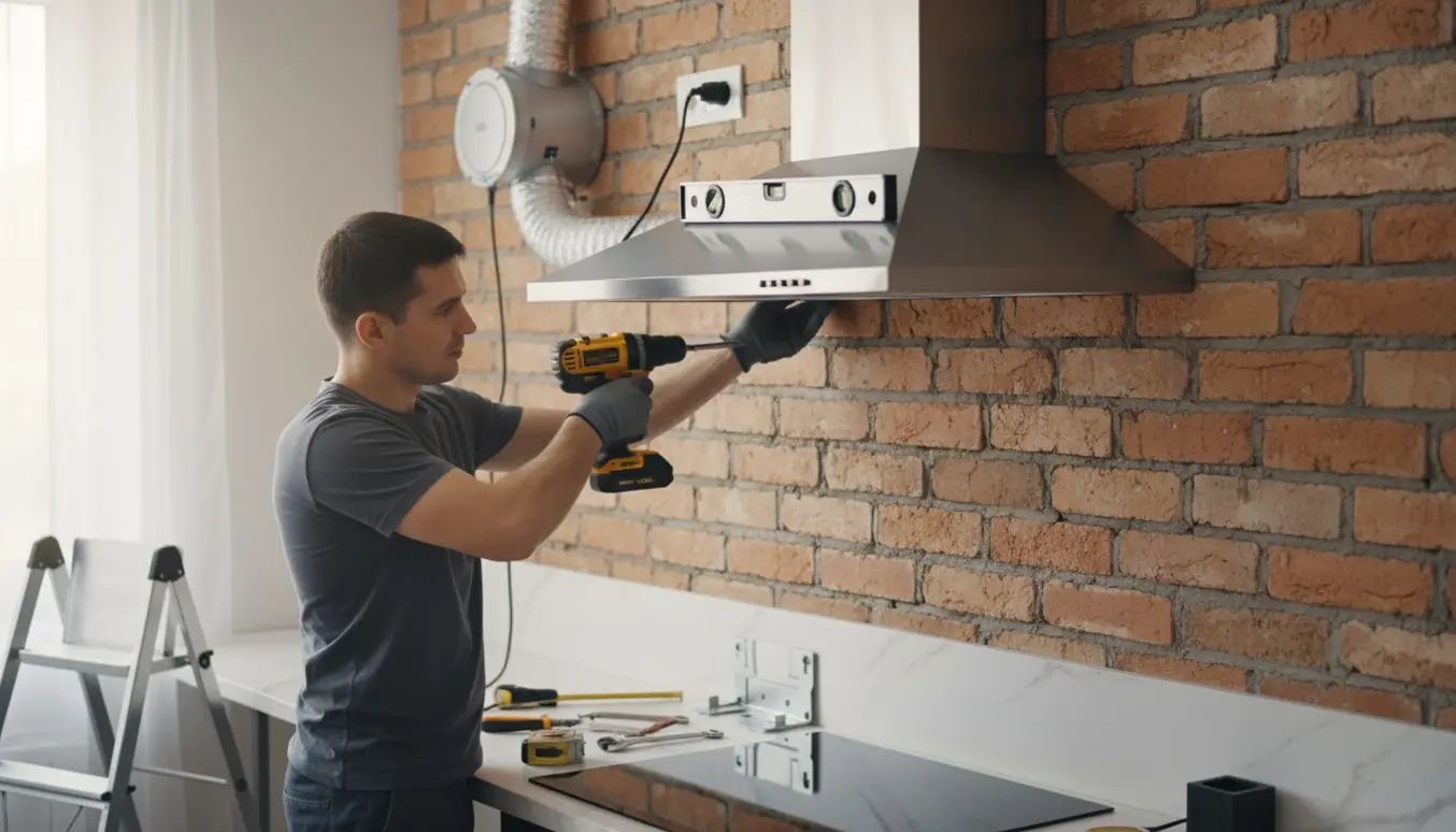 Montør monterer en vægmonteret emhætte på en murstensvæg over komfuret med værktøj og eksisterende motor synlig.
