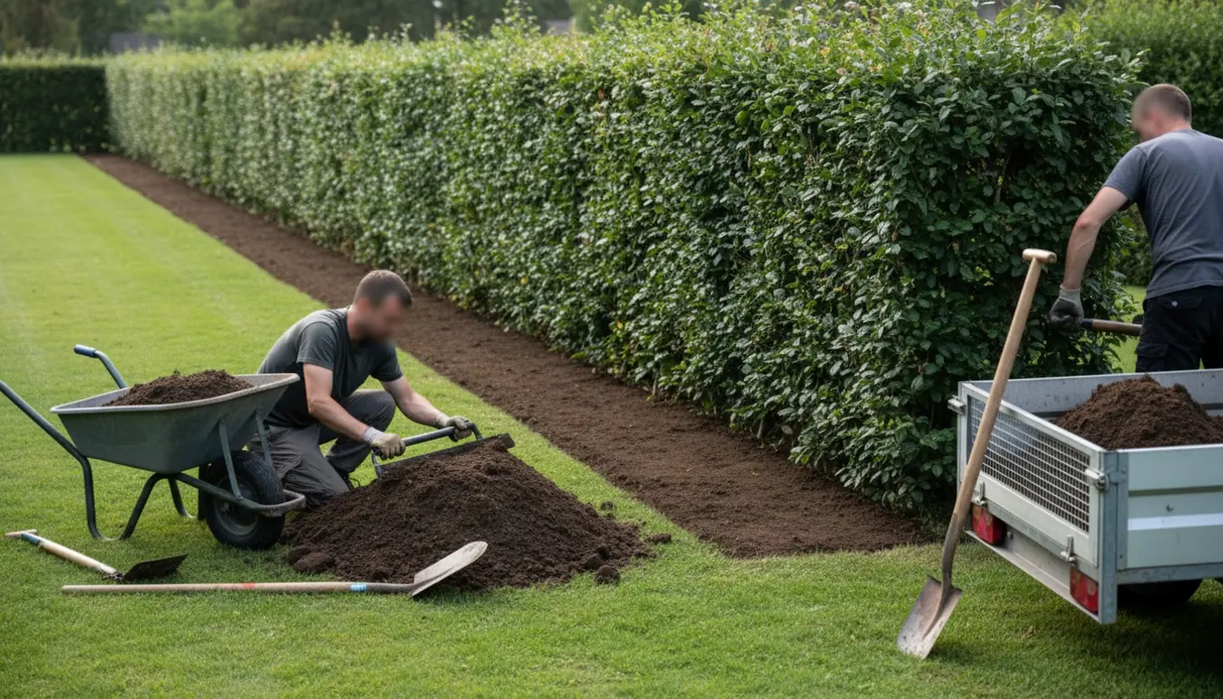 En havearbejder fjerner ukrudt og skaber en skarp græskant langs en 30 m lang hæk med jord samlet i en trailer.