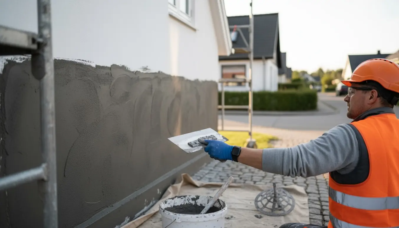 En hånd glatter våd hvid facadepuds på et parcelhus med stillads i baggrunden.