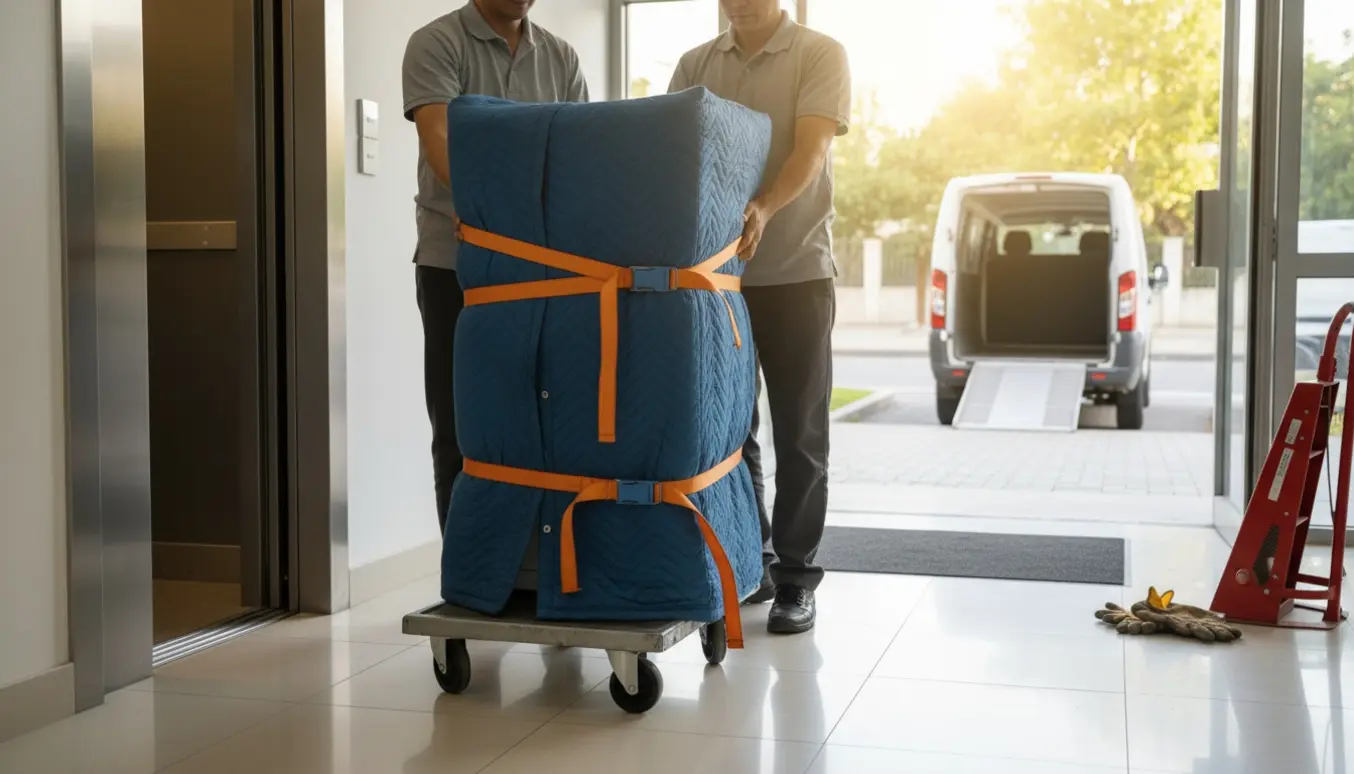 En slim vaskemaskine sikret på flyttedolly ved elevatorindgang, klar til transport til en varevogn.