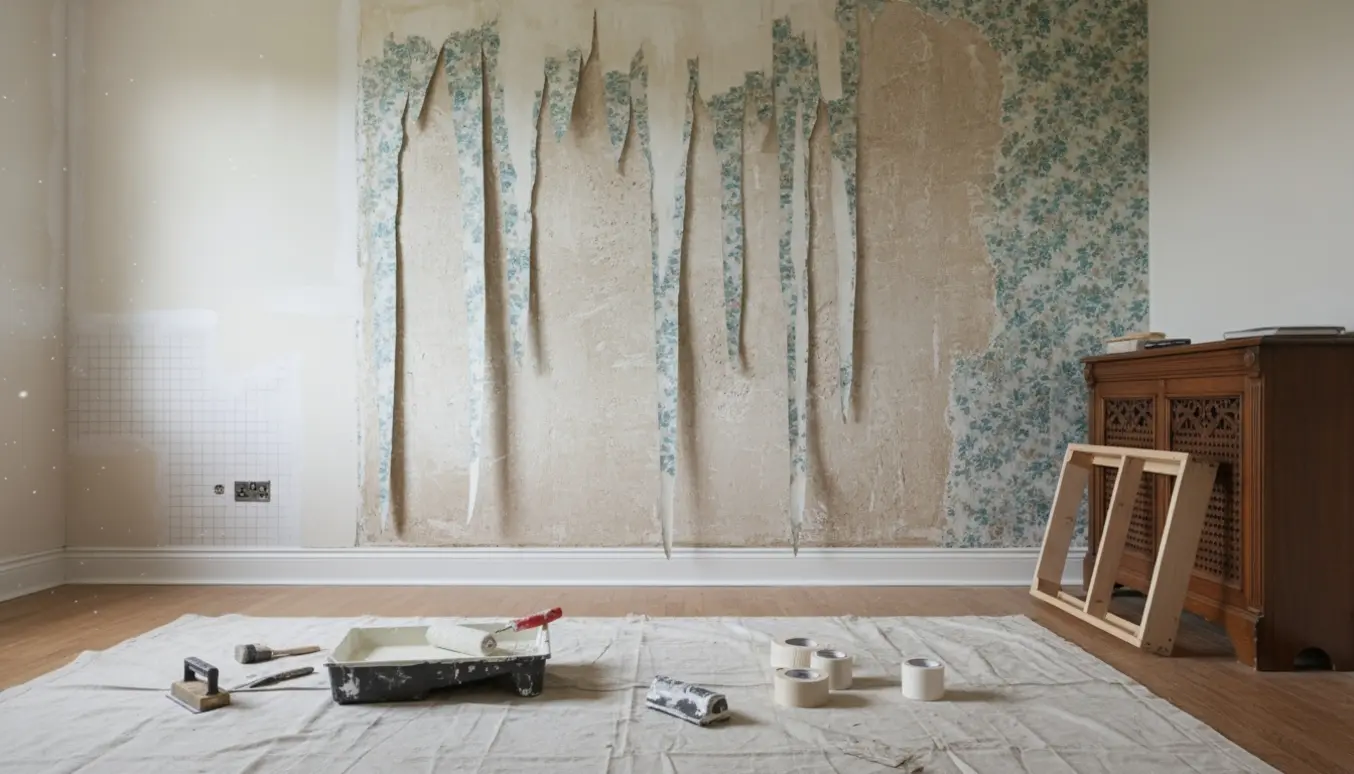 Værelse under renovering med tapetfjernelse, spartling, filtning og hvid maling, værktøj og radiatorafskærmning i billedet.