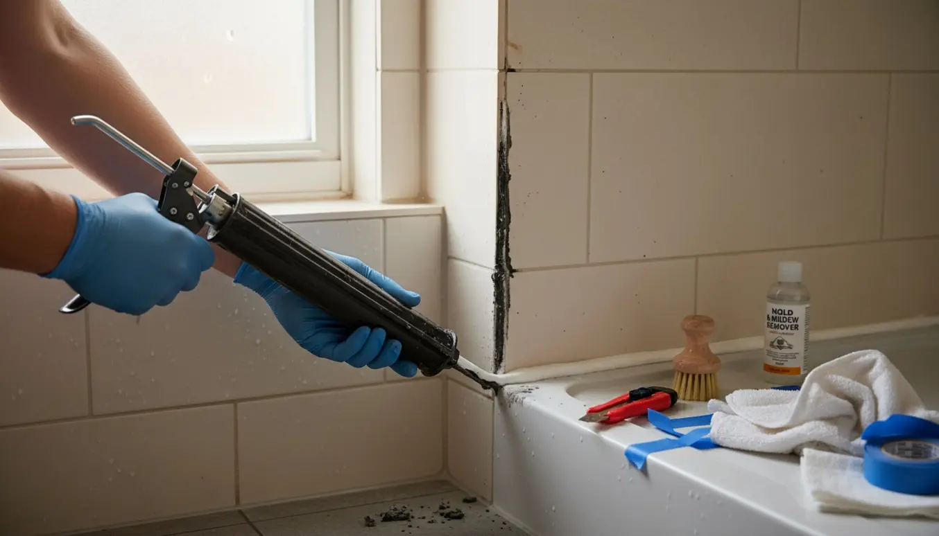 Detaljeret foto af et lille badeværelse, hvor handsker fjerner mugramte gummifuger og en fugepistol lægger frisk silikone i hjørnet.