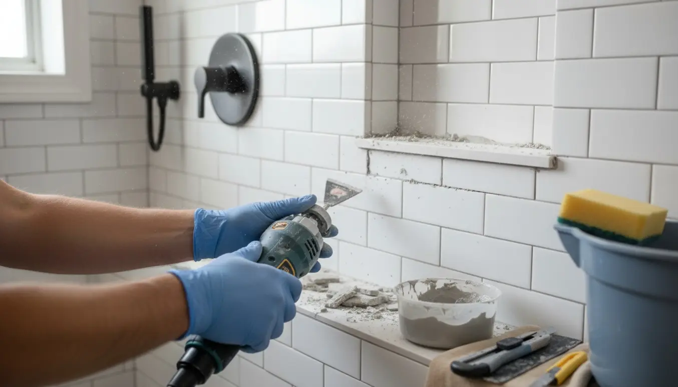 Hænder fjerner og udskifter hård fugemasse i en bruseniche med værktøj og rengøringsudstyr.