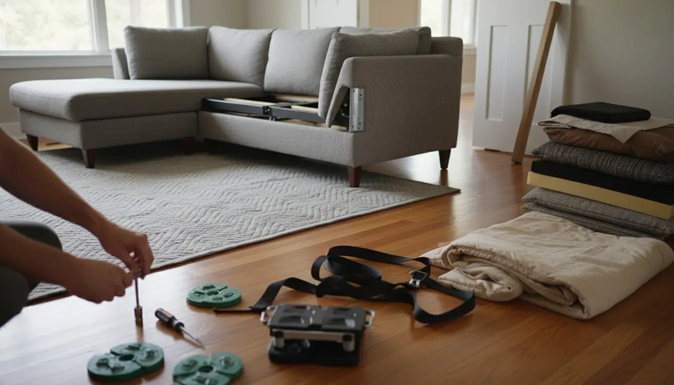En stor chaiselong-sofa adskilles i sektioner i en lys stue, klar til at blive flyttet gennem en døråbning.