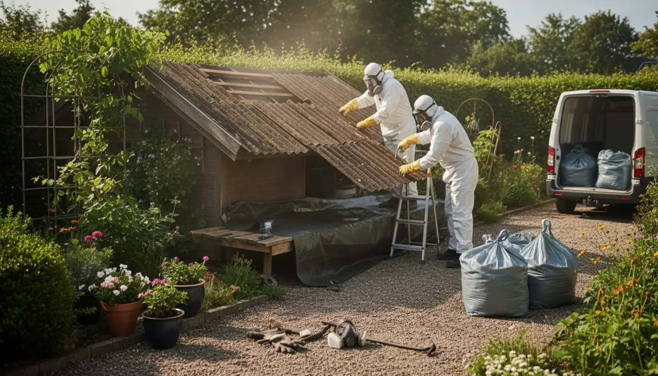 To personer i beskyttelsesdragter fjerner forsigtigt bølgeplader fra taget på et kolonihavehus omgivet af planter.