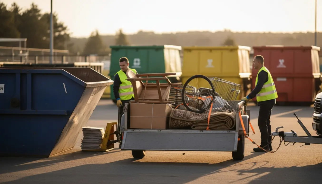 Trailer læsset med møbler og kasser ved en genbrugsplads, mens personer aflaster indholdet.