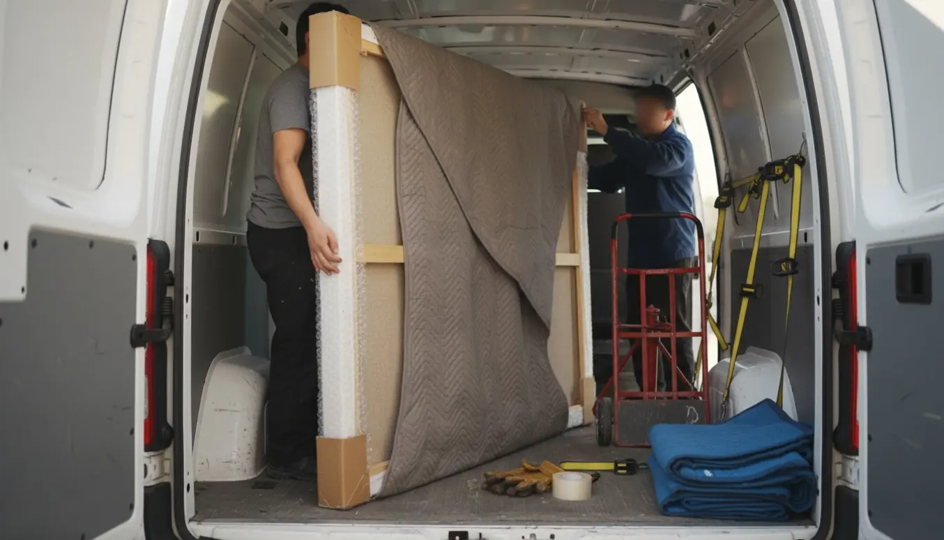 Stort maleri pakket i flyttetæpper og forsigtigt læsset i en varevogn.