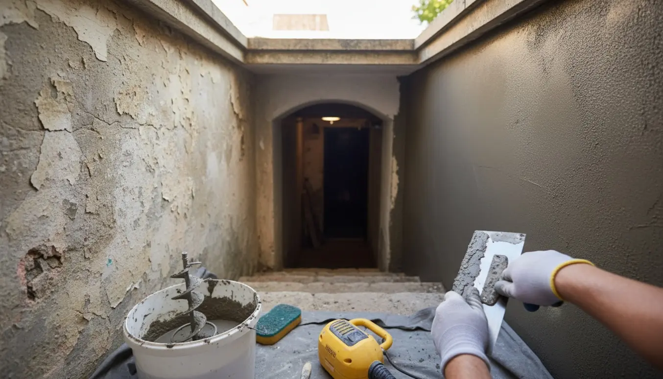 Handsker pudser våd cement i en kælderskakt og på trappen i naturligt dagslys.