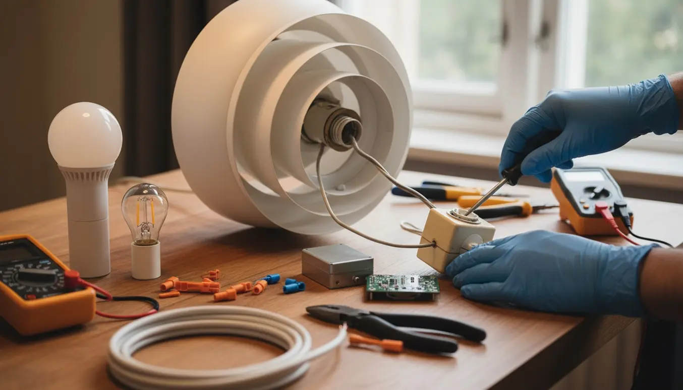 Nærbillede af hænder der udskifter lysdæmper i en vintage PH-lampe med værktøj og LED-pærer på et træbord.