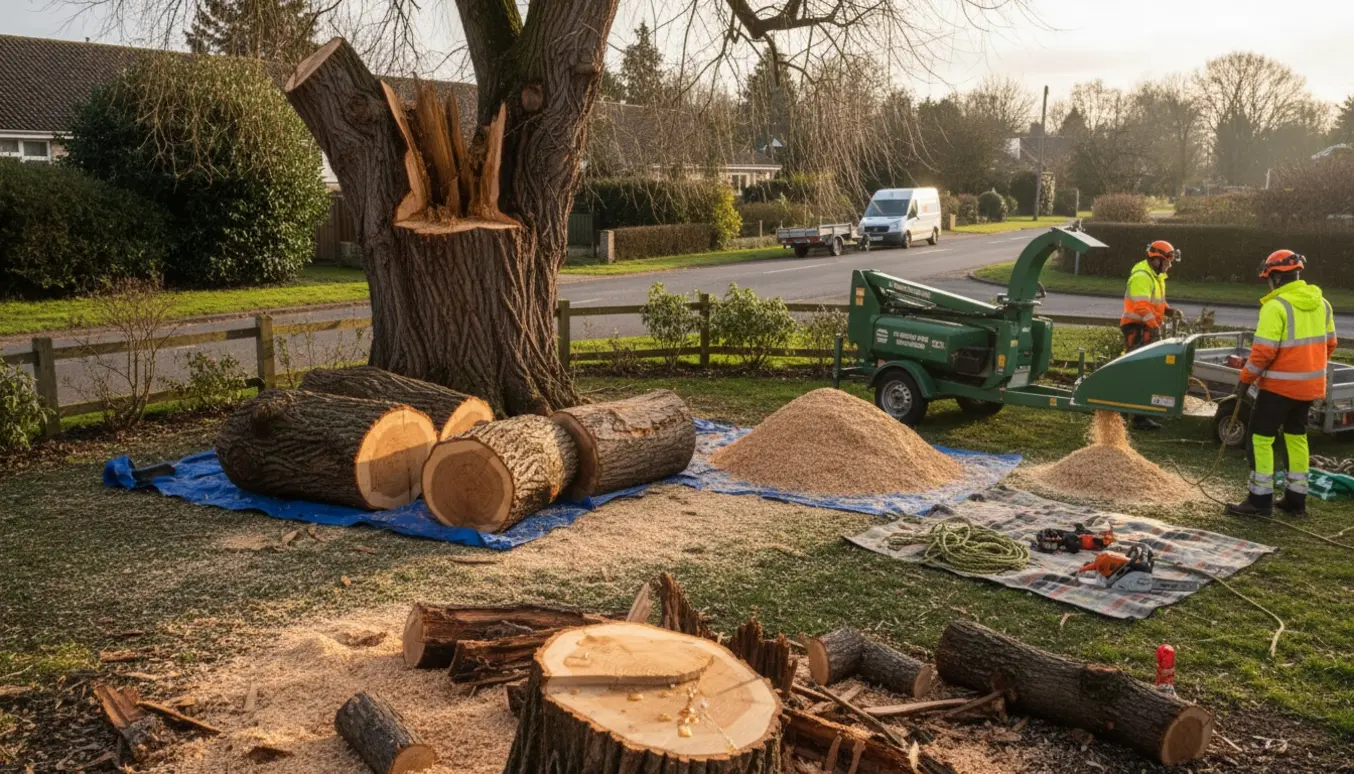 Stort troldpilstræ i havehjørne med fældede stammer, savsmuld og professionelt træudstyr klar til oprydning.