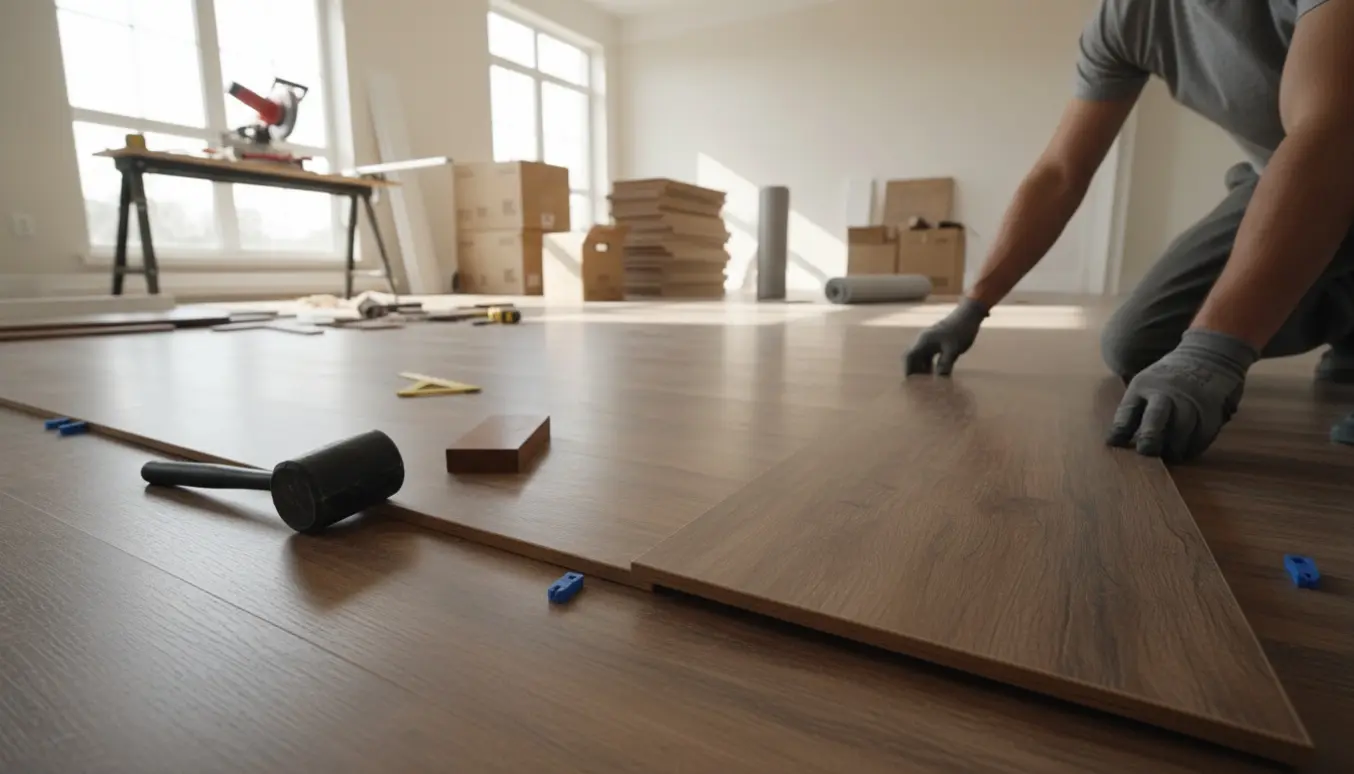 Hænder klikker laminatplanker på plads i et lyst, rummeligt rum med værktøj og fodpaneler klar.