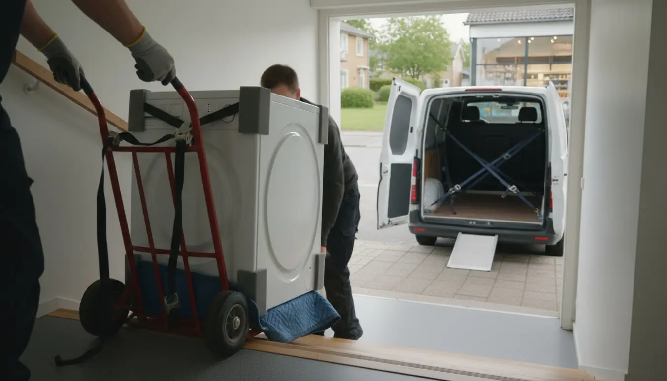 En lille vaskemaskine bliver båret på en trappe mod en varevogn på en stille forstadsgade.