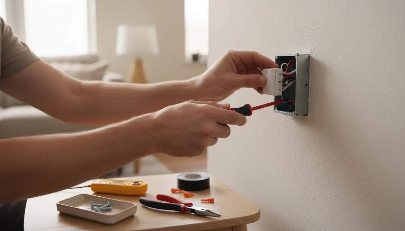 Nærbillede af hænder, der monterer en lysdæmper i en eksisterende lyskontakt i et lyst hjem.