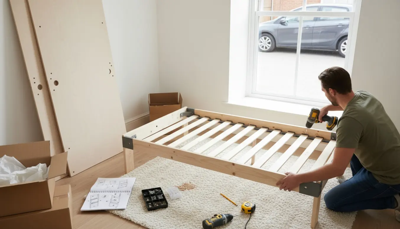 To personer samler en seng og et skab i dagslys med skruemaskine og flade pakker i stuen.