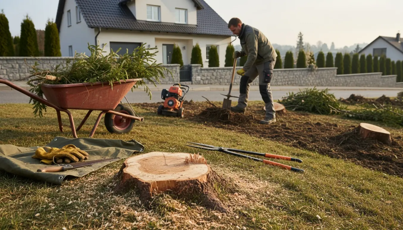 Rydning af skrånende forhave med stubbe, afklippede buske og værktøj i varmt morgenlys.