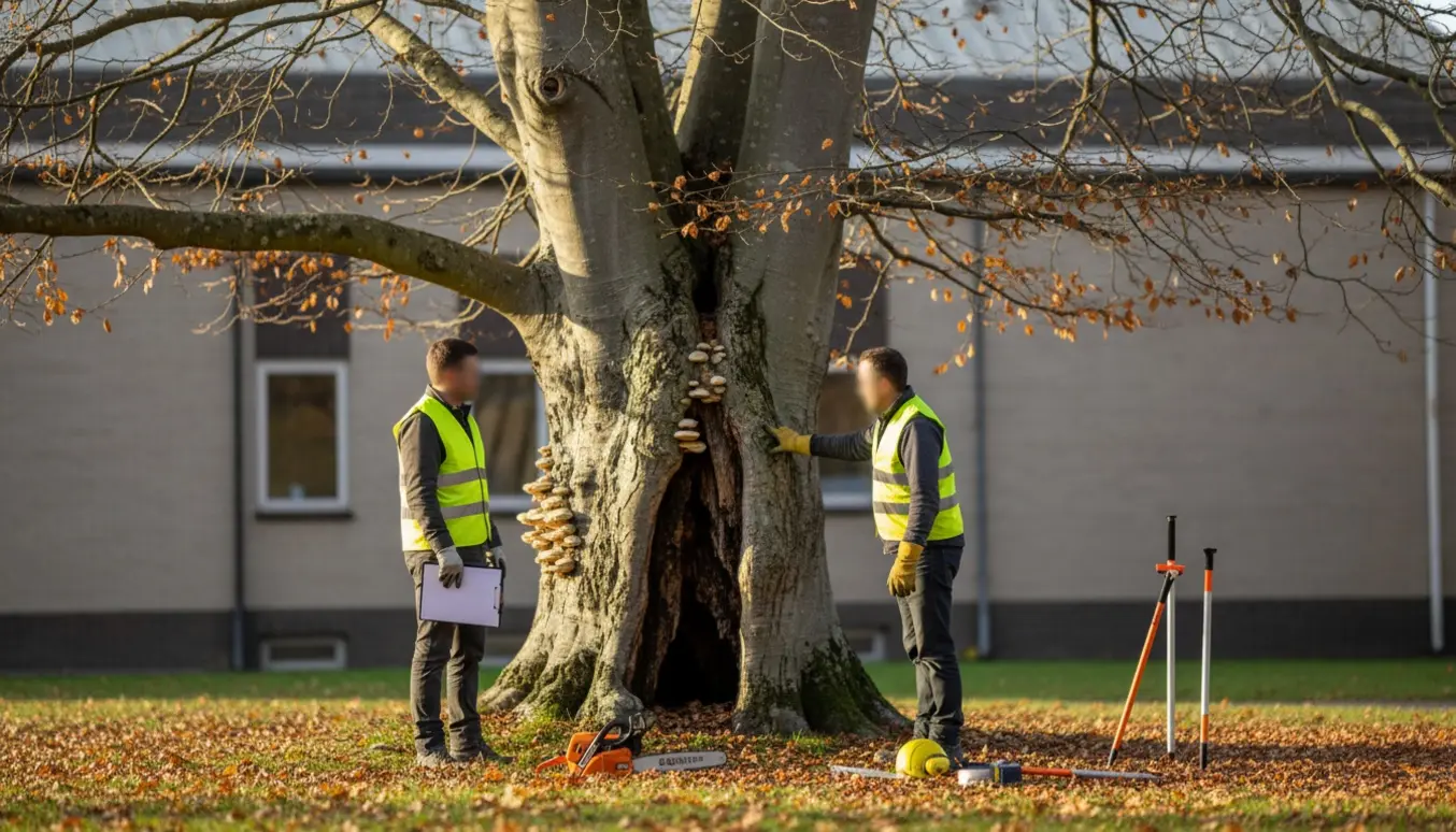 To personer uden synlige ansigter inspicerer et dødt bøgetræ med sikkerhedsudstyr og en blank mappe.
