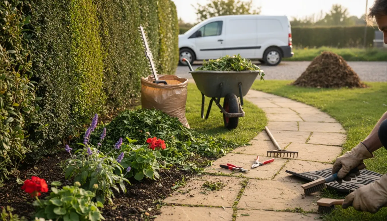 Hæk klippes og ukrudt fjernes i en lille have med værktøj og fyldt haveaffaldspose.