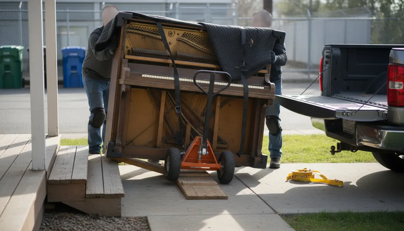 Gammelt opretstående klaver pakket i tæpper trækkes på en tralle fra hoveddøren mod genbrugspladsen.