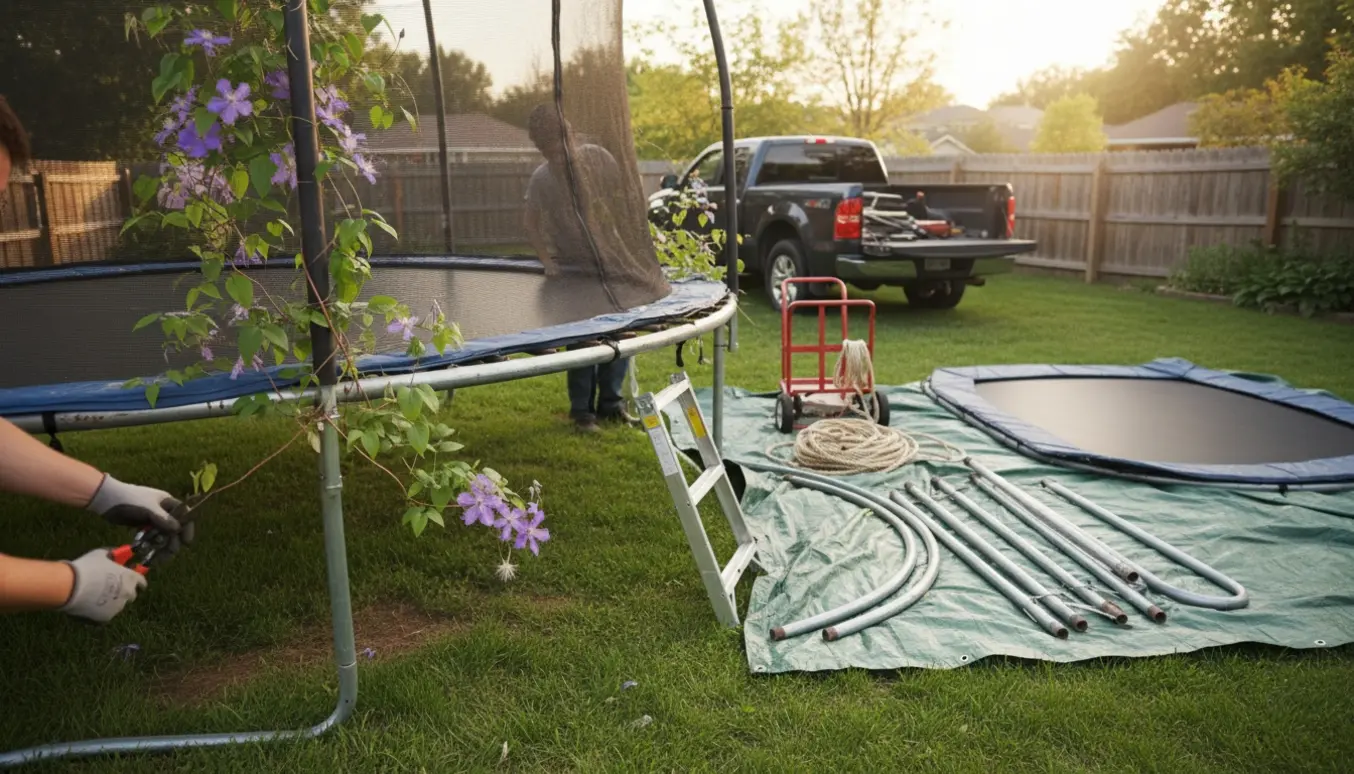 Nedtagning af en trampolin i haven, hvor klematis klippes væk og stellet pakkes til bortkørsel.