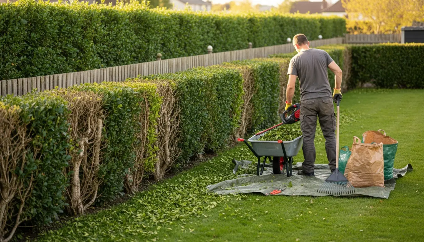 Bagfra ses en person, der klipper en skulderhøj ligusterhæk og samler afklip i en trillebør.