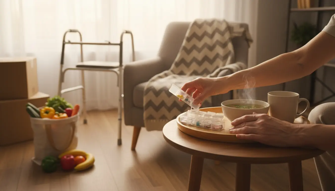 Hænder giver en ældre person medicin og et måltid i et solbeskinnet hjem med indkøbsposer og flyttekasser i baggrunden.