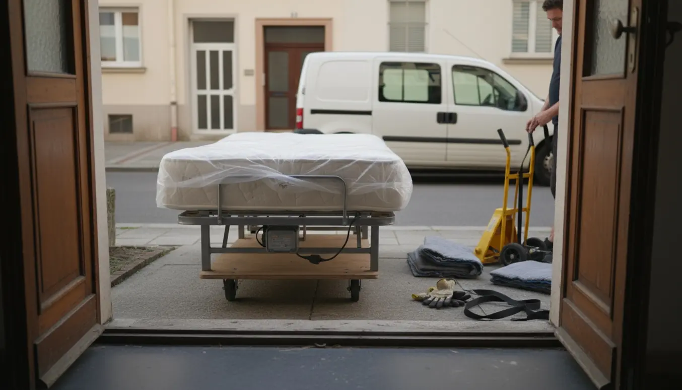 En sammenfoldet elevationsseng med madras og flytteudstyr klar til afhentning foran en stueetage på en stille sidevej.