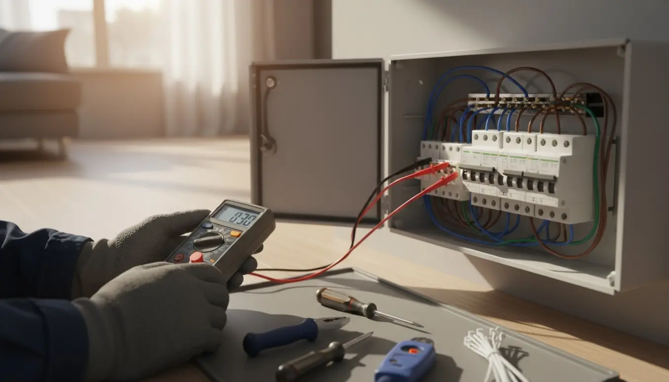 En elektriker inspicerer en åben eltavle i et nykøbt hus med multimeter og værktøj.