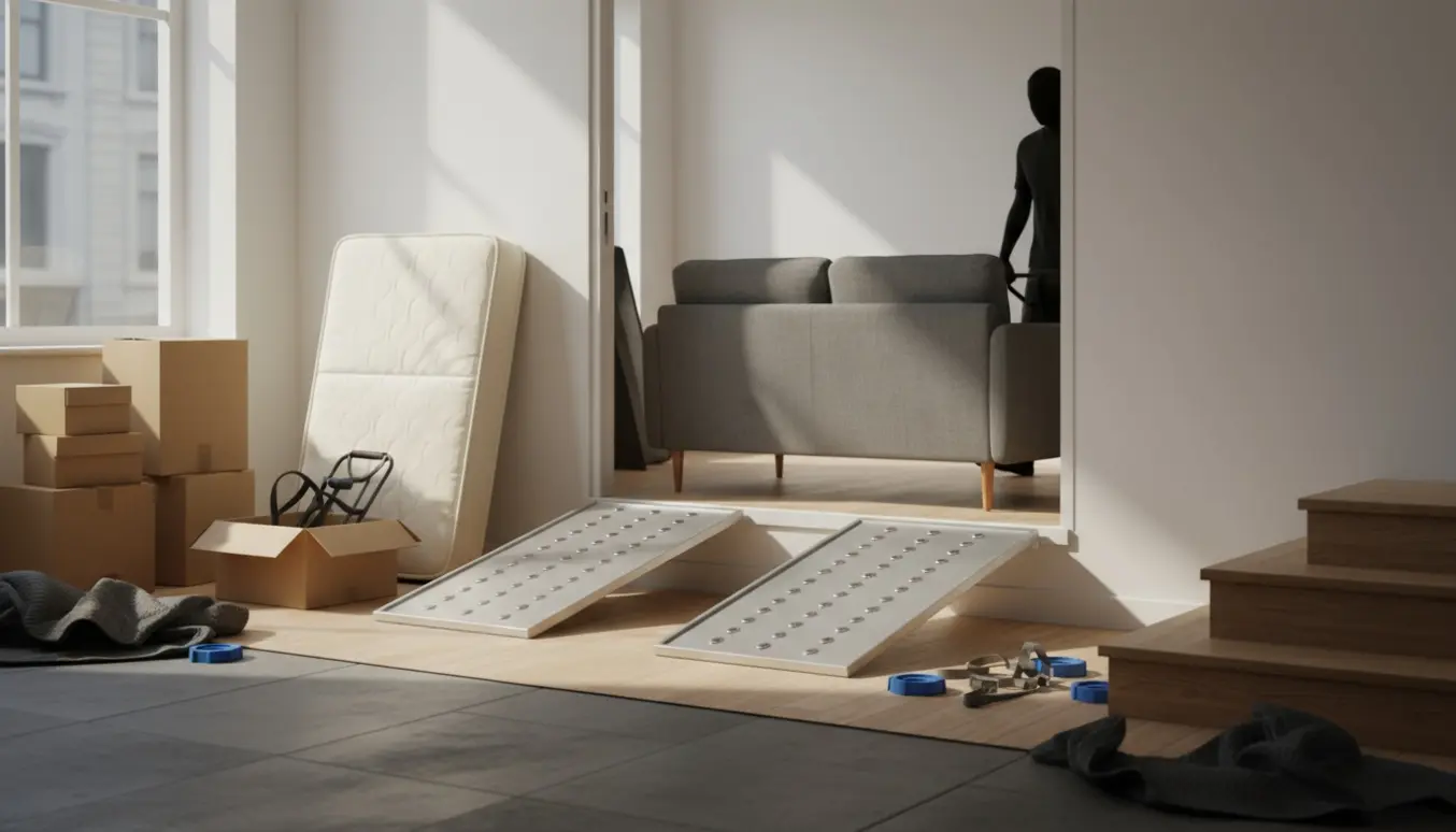 Åben trailer ved indgangen til en lille ungdomsbolig, hvor sofa, seng og flyttekasser bæres ind.