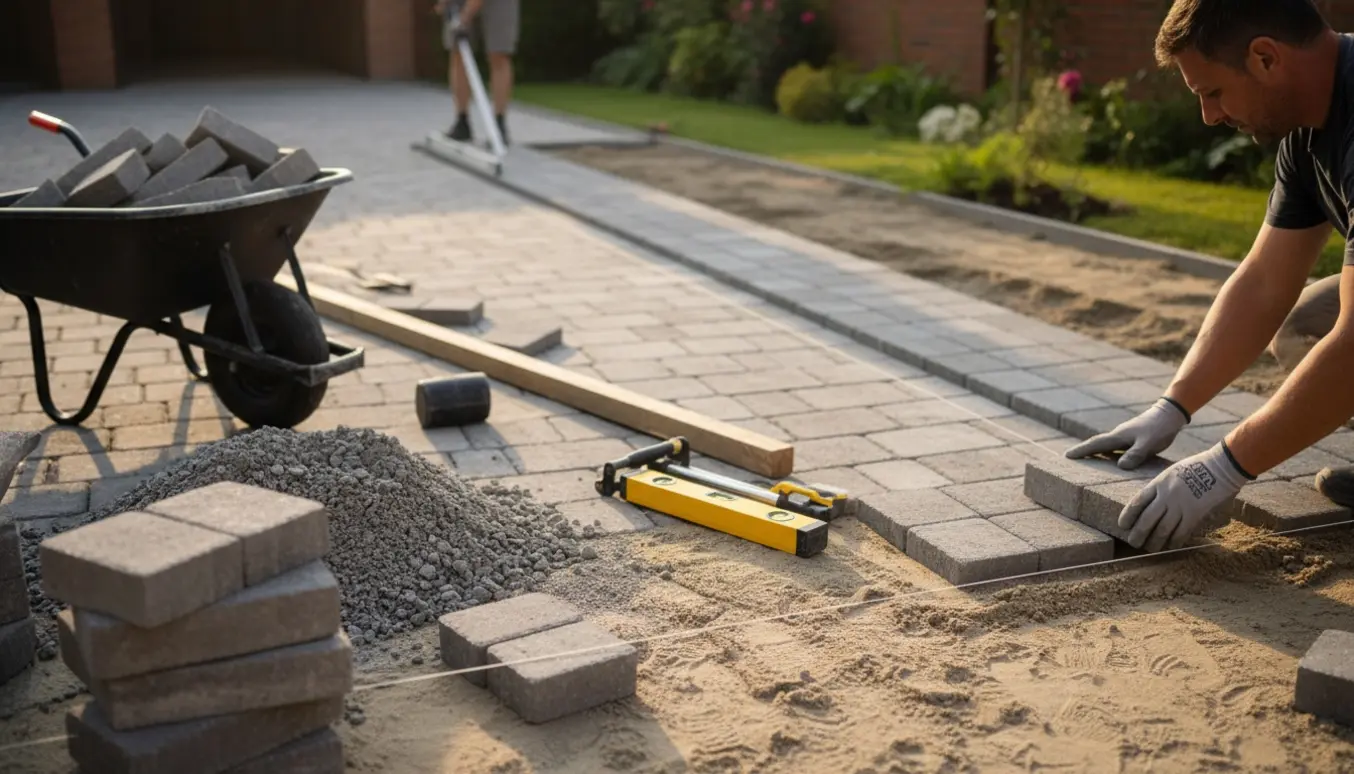 Indkørsel under renovering med gamle fliser fjernet og nye 30x30x5 cm betonfliser klar til lægning.