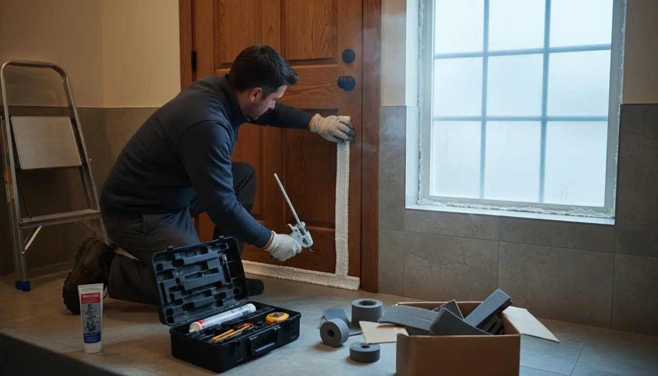 En håndværker tætner vindue og yderdør i et koldt badeværelse med værktøj og tætningslister.