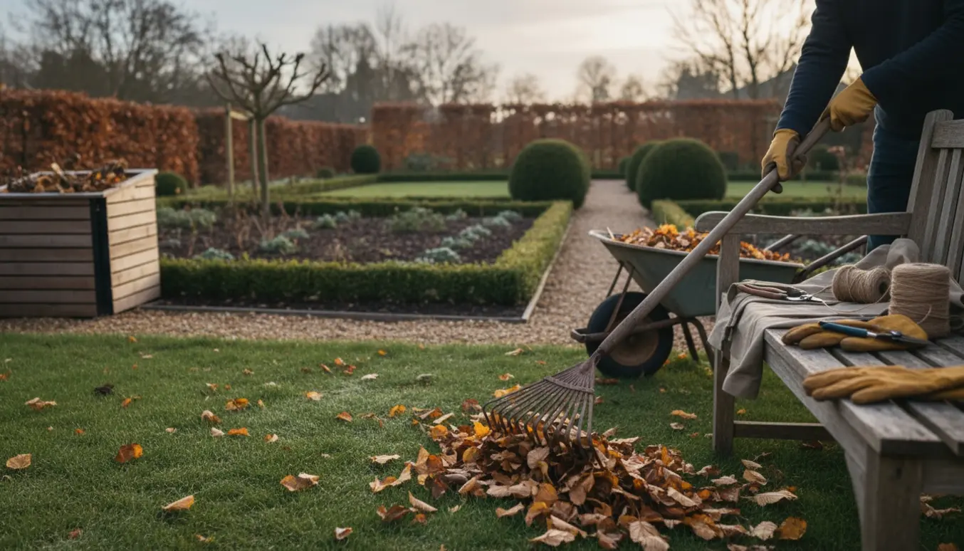 Hænder raker efterårsblade ned i en trillebør i en have klar til vinter.