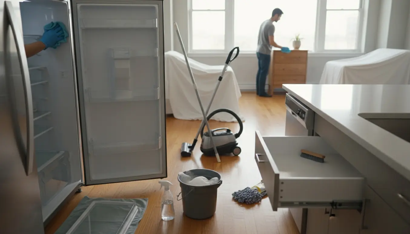 Hænder i gummihandsker pudser et åbent køleskab og skuffer i en lys lejlighed under fraflytningsrengøring.