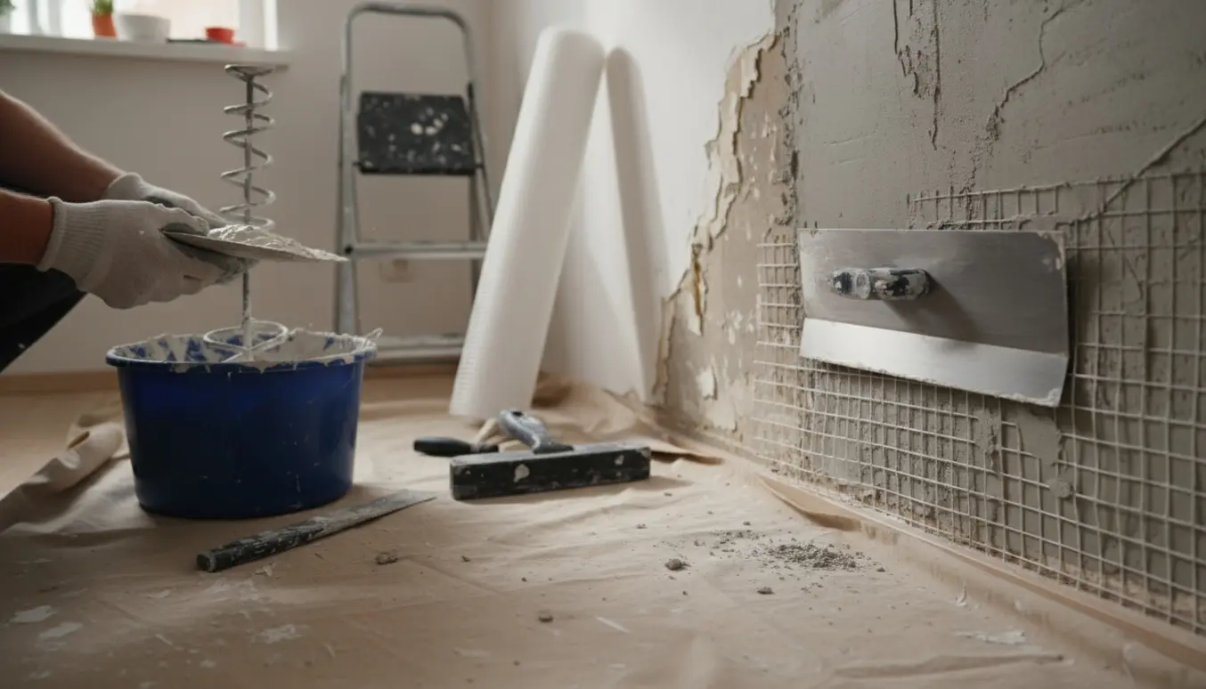 Erfaren håndværker påfører netpuds på en mindre indendørs væg med værktøj og materialer i forgrunden.
