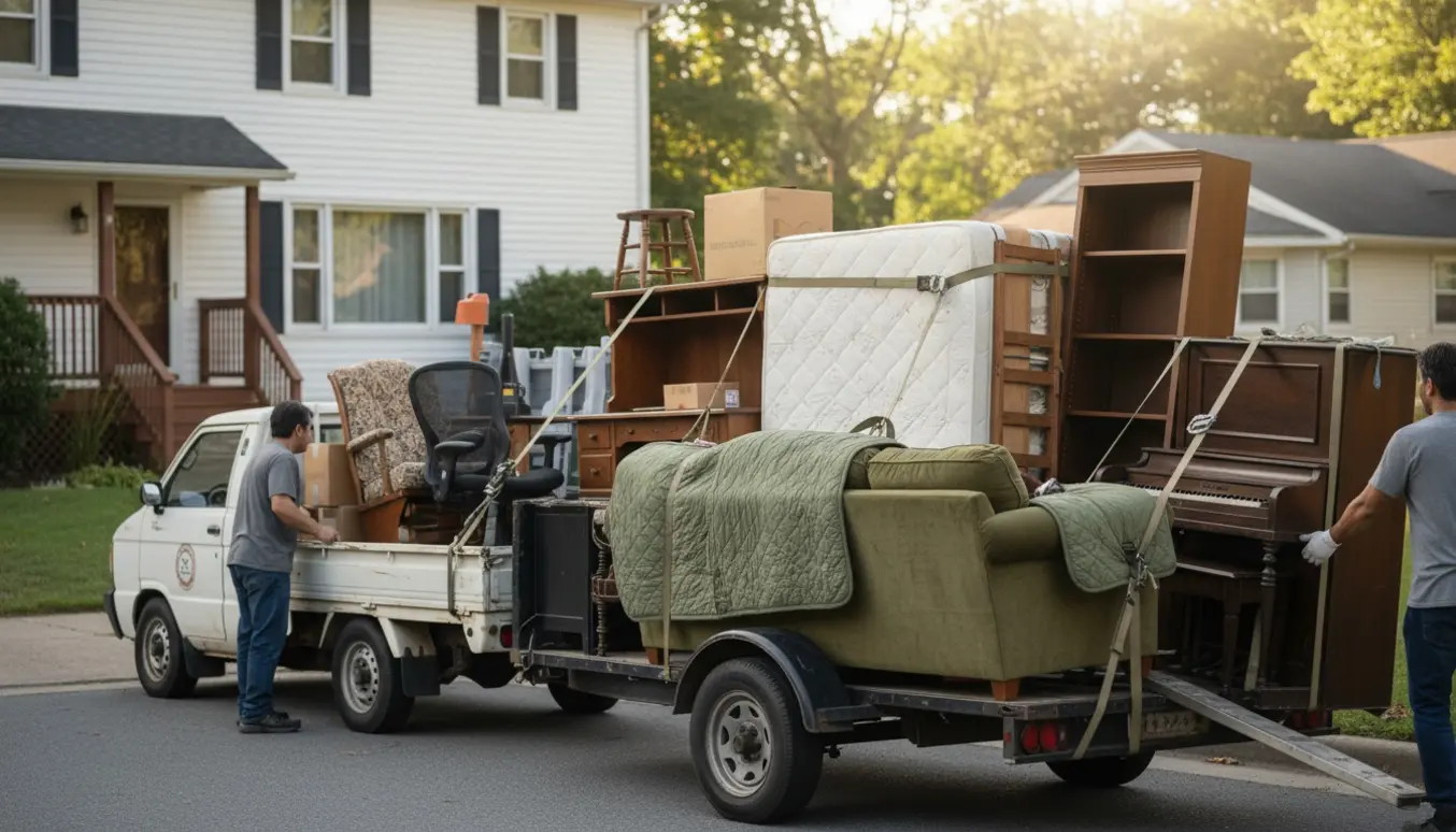 Møbler som sofa, seng, reol og gyngestol bliver lastet på en pick-up foran en bolig.