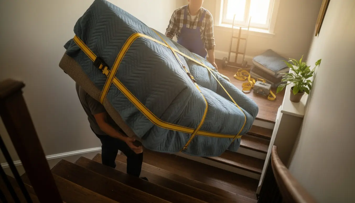 To flyttemænd bærer en 240 cm sofa op ad en smal trappe mod fjerde sal, indpakket i flyttetæpper.