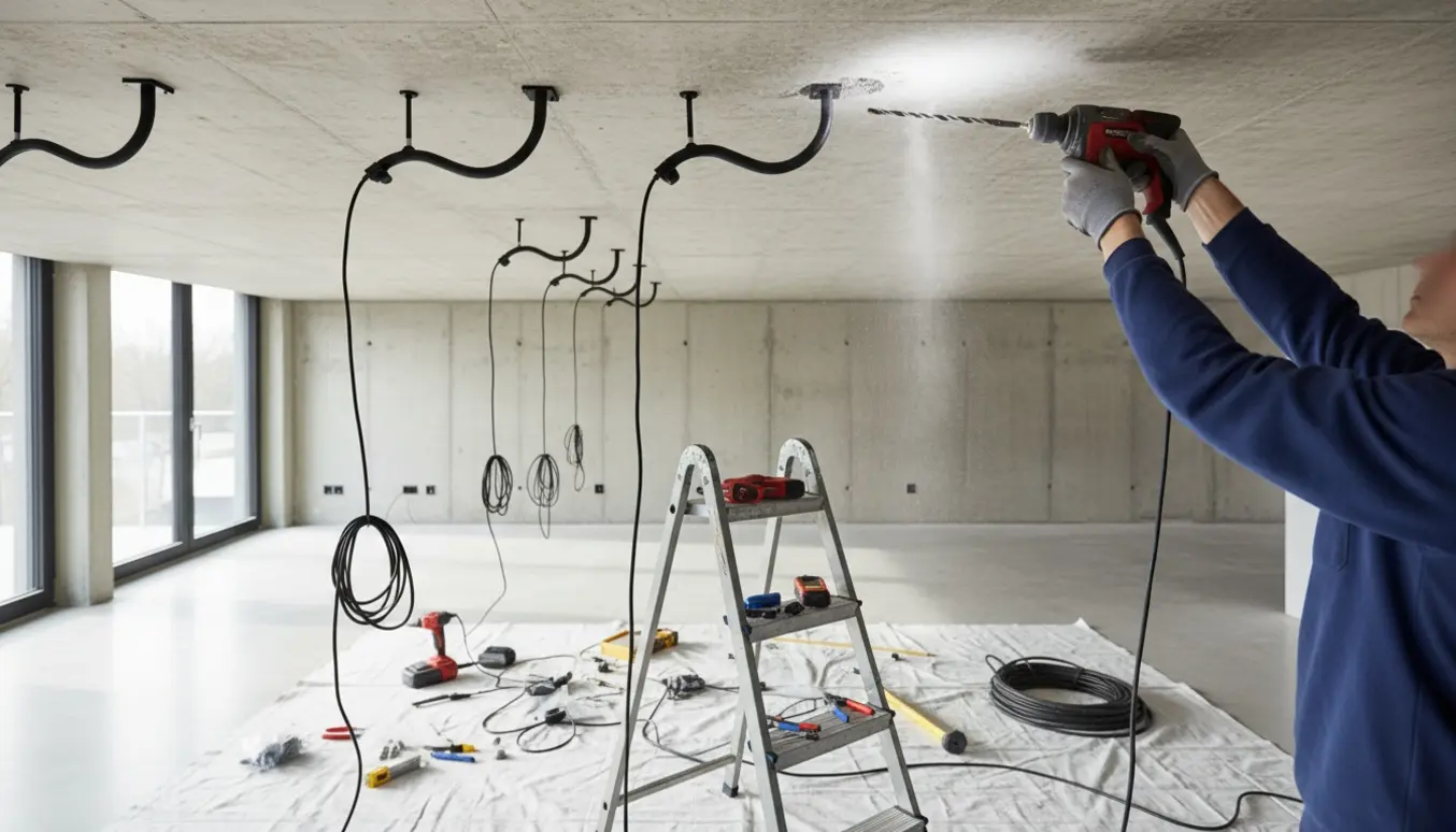 Installation af fem lamper i et betonloft med værktøj, svanehalse og synlige ledninger.