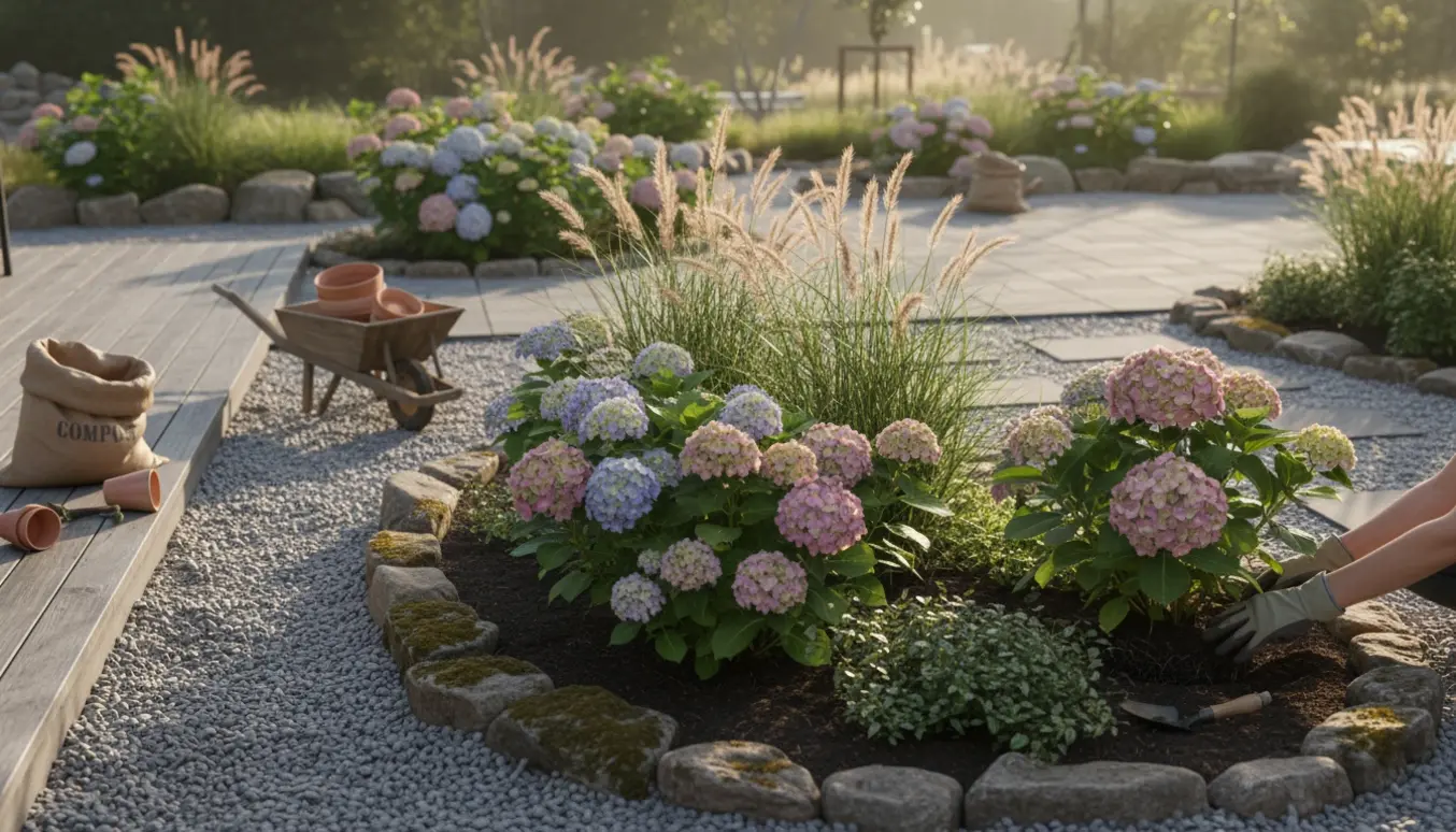 Nyplantede hortensiaer, græsser og bunddækkende stauder langs grusstier med natursten i en velplejet have.