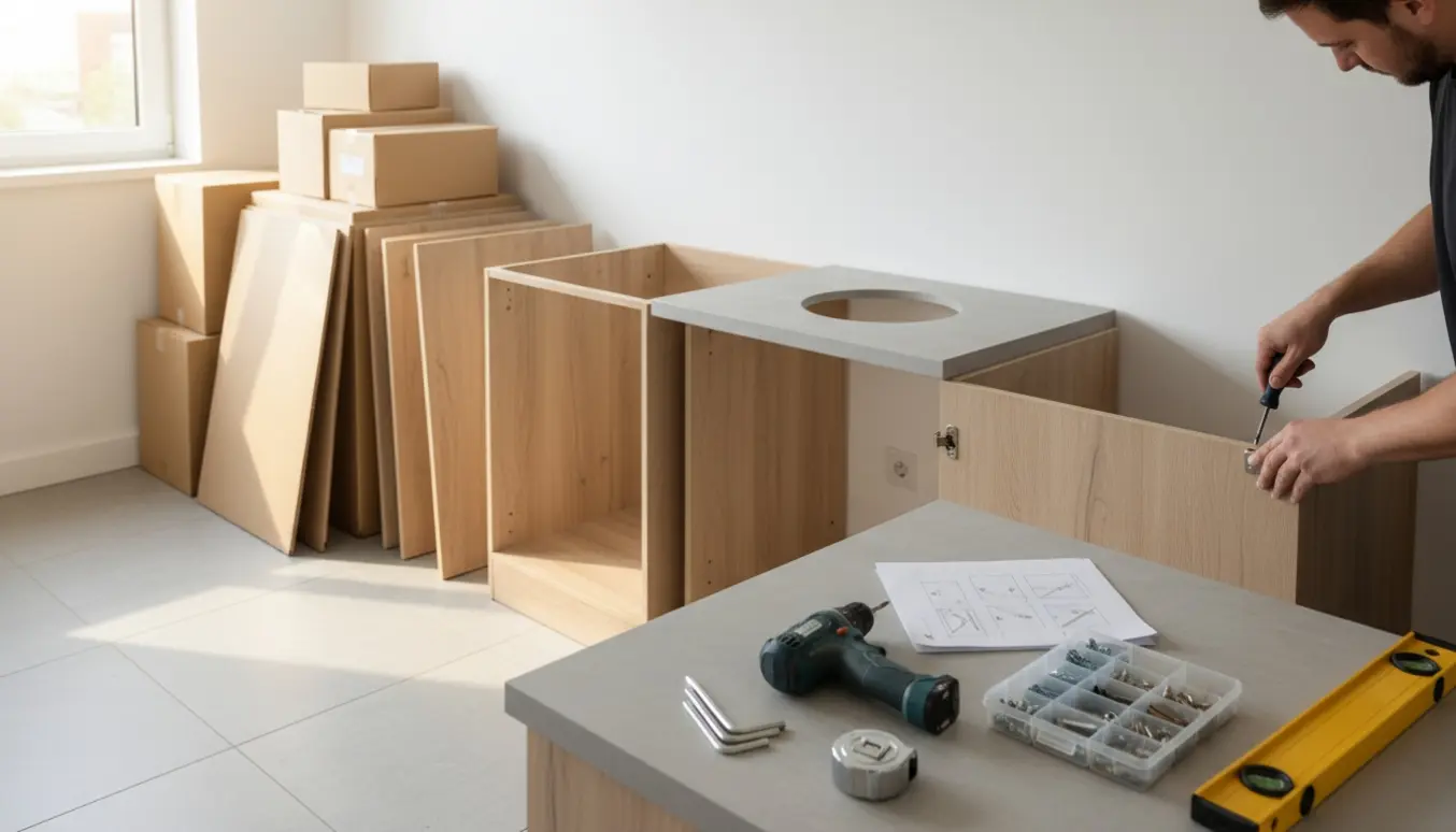 Delvist samlet lille køkken med moduler og værktøj i naturligt dagslys.